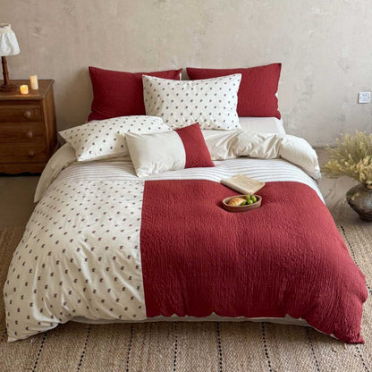 Umkehrbare Baumwoll-Leinen-Patchwork-Bettbezug-Set mit Mini-Blumenmuster und strukturiertem Steppdesign