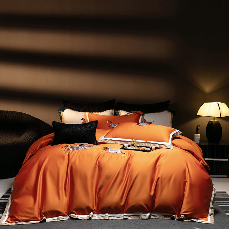 Luxus Satin bestickte Bettbezugset mit Pferdemotiv
