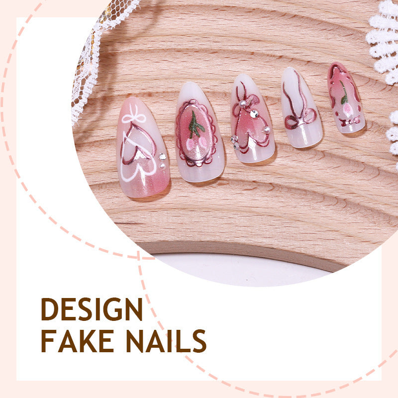 Kunstnagelset mit romantischen Herzen und Schleifen-Design Brehn