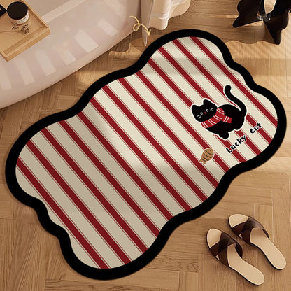 Decorative Scalloped Non-Slip Striped Bath Mat with Lucky Cat Print