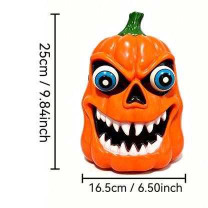 Gruselige Halloween-Kürbis-Dekorfigur mit Süßigkeitenfach, LED-Augen und markantem Gruselgesicht