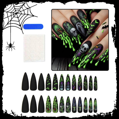 Künstliche Halloween Kunstnägel mit kreativen Geister- und Spinnenmotiven Brehn