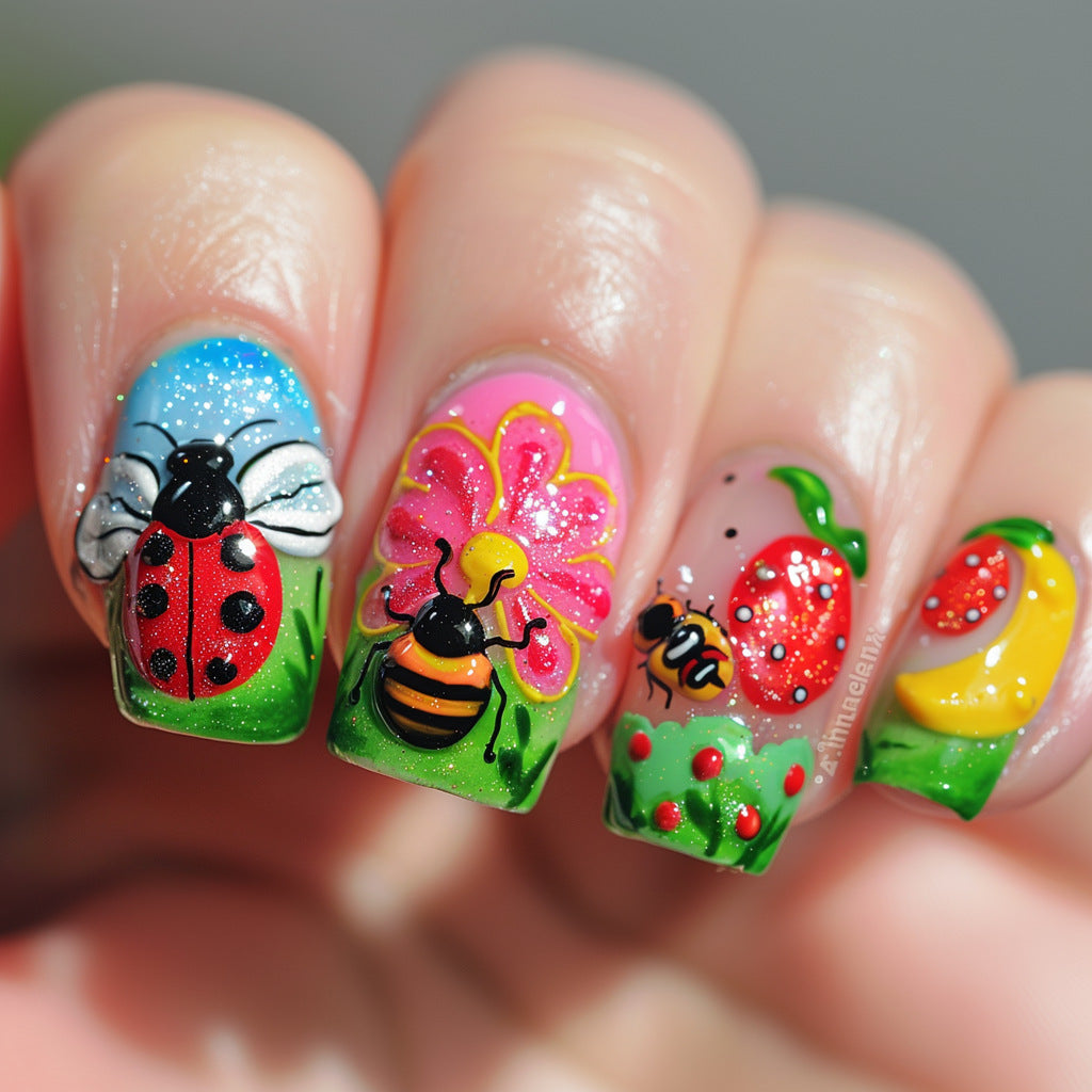 Kunstvolle Nail Art mit Insekten- und Blumenmotiven Brehn