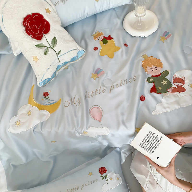 Kinder-Satin-Bettwäschegarnitur mit Prinz- und Mond-Applikationen