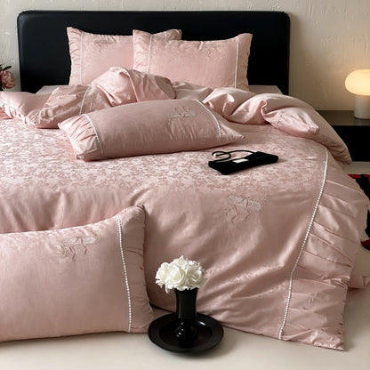 Luxuriöses Jacquard-Satin Rüschende Bettwäsche-Set mit bestickten Akzenten