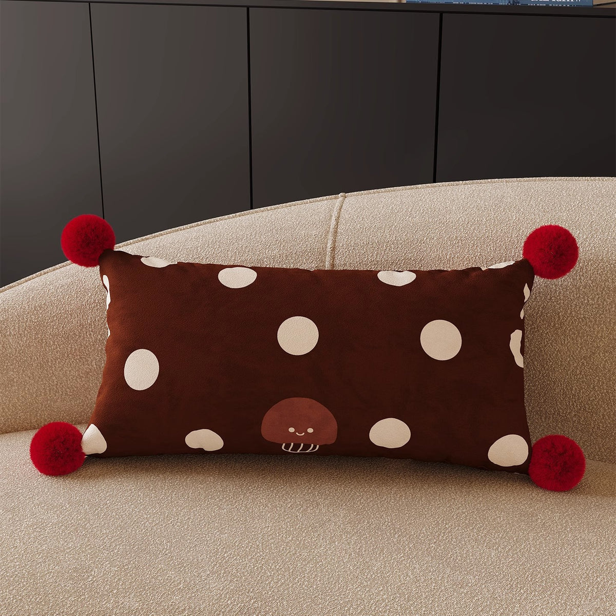 Decorative Square Throw Pillow Cover with Pom-Pom Corners and Cartoon Dog Illustration