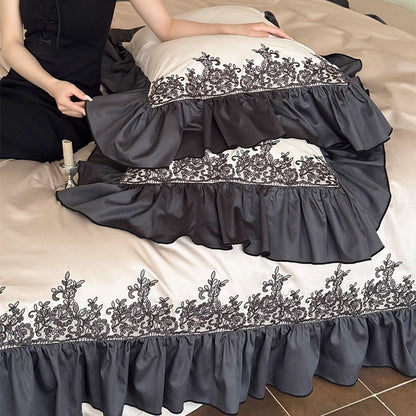 Luxuriöses Rüscheneingesticktes Bettwäsche-Set Bettbezug mit Kissenbezügen