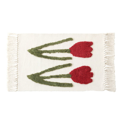 Handgewebter Baumwoll-Badmattenteppich mit Tufting-Blumenapplikation und Quasten Brehn