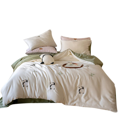 Bettwäschegarnitur mit gestickten Heißluftballon-Motiven und seidigem Satin-Finish