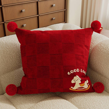 Decorative Plush Checkered Throw Pillow Cover with Corner Pom-Poms and Good Luck Rocking Horse Motif