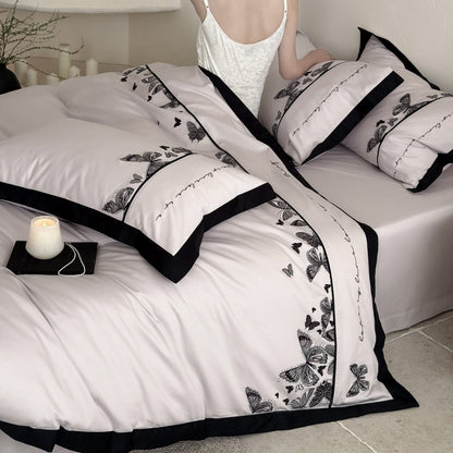 Botanische Schmetterling Bestickte Baumwollsatin Wendebettwäsche Set mit kontrastfarbigem Paspelrand und Euro-Kissenbezügen