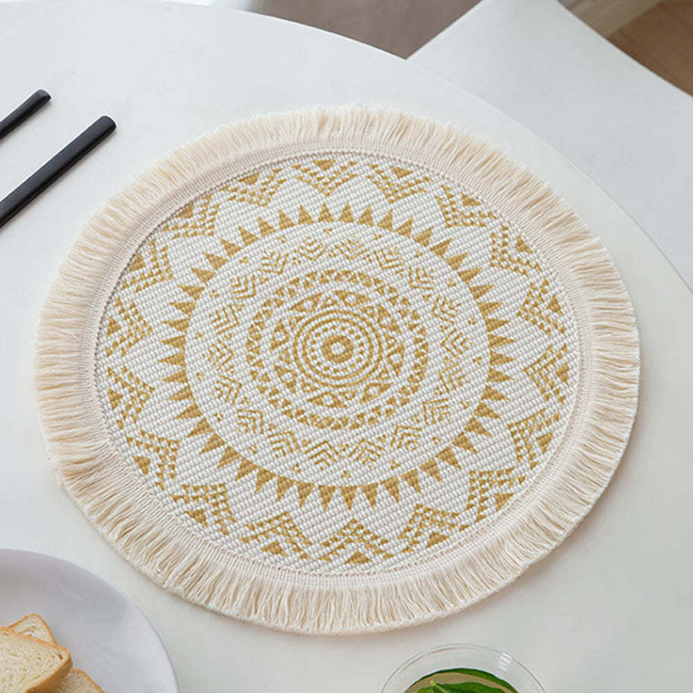 Rundes gewebtes Tischset mit Fransen und Mandala-Jacquardstruktur Brehn