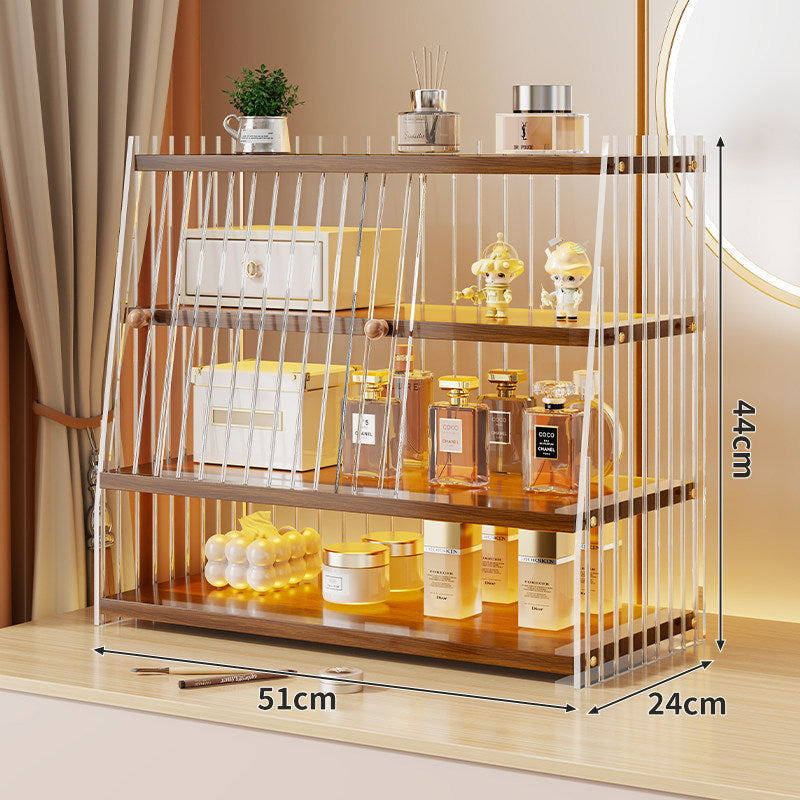 Mehrerebenen-Acryl-Parfüm- und Make-up-Displayregal mit schiebbaren Türchen mit goldenen Verzierungen