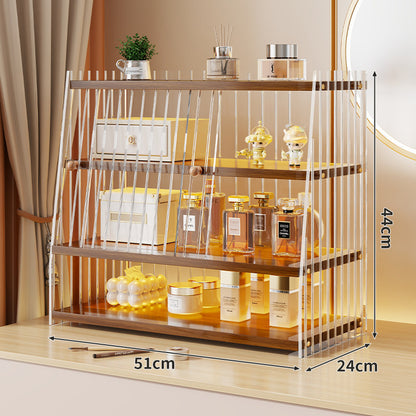 Mehrerebenen-Acryl-Parfüm- und Make-up-Displayregal mit schiebbaren Türchen mit goldenen Verzierungen