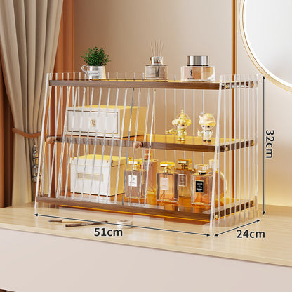 Mehrerebenen-Acryl-Parfüm- und Make-up-Displayregal mit schiebbaren Türchen mit goldenen Verzierungen