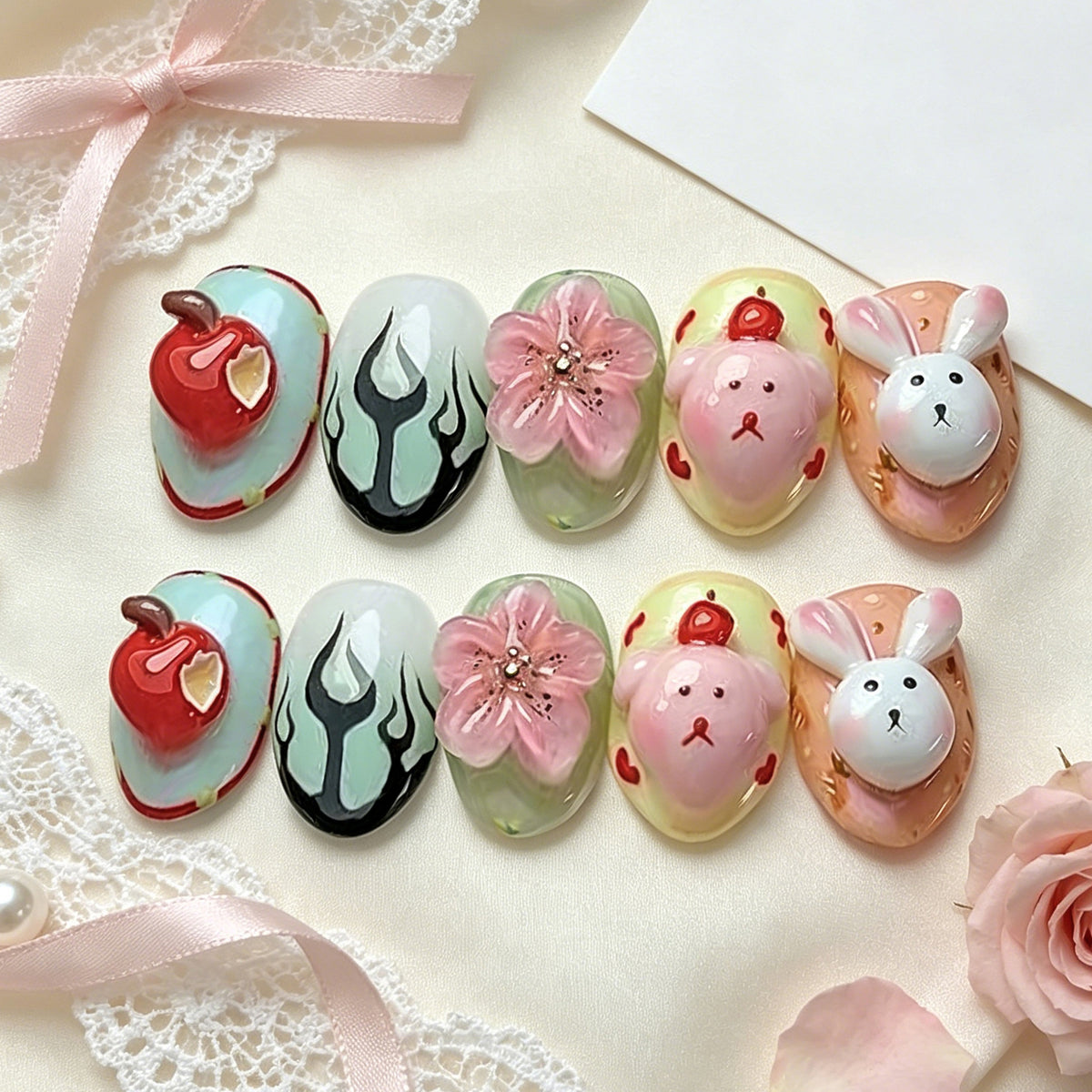 Verspieltes Kaninchen und Blumen Press-On Nagelkunst Set