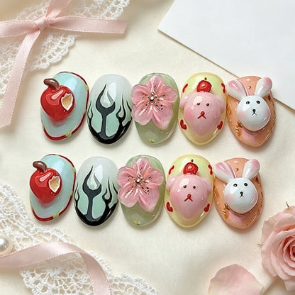 Verspieltes Kaninchen und Blumen Press-On Nagelkunst Set