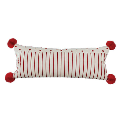Decorative Long Lumbar Cushion Cover with Striped and Polka Dot Print and Corner Pom-Poms