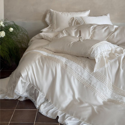 Luxuriöses Satin Rüschenteil mit Spitzenbesatz Bettbezug Set