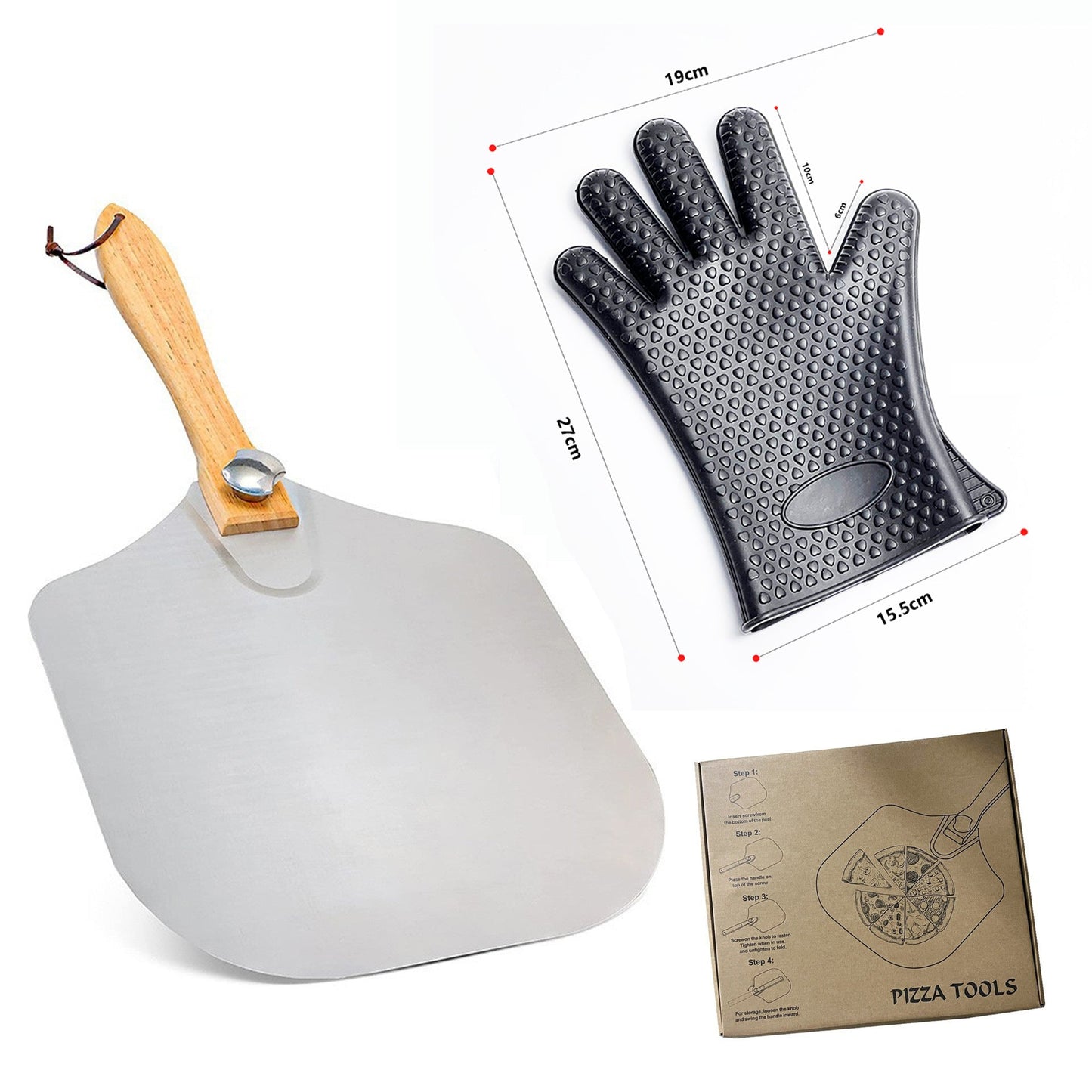 professionelles Pizzaschieber-Set mit klappbarem Edelstahlschaufel ergonomischem Holzgriff Pizzaschneider Rocker und Teigschaber Brehn