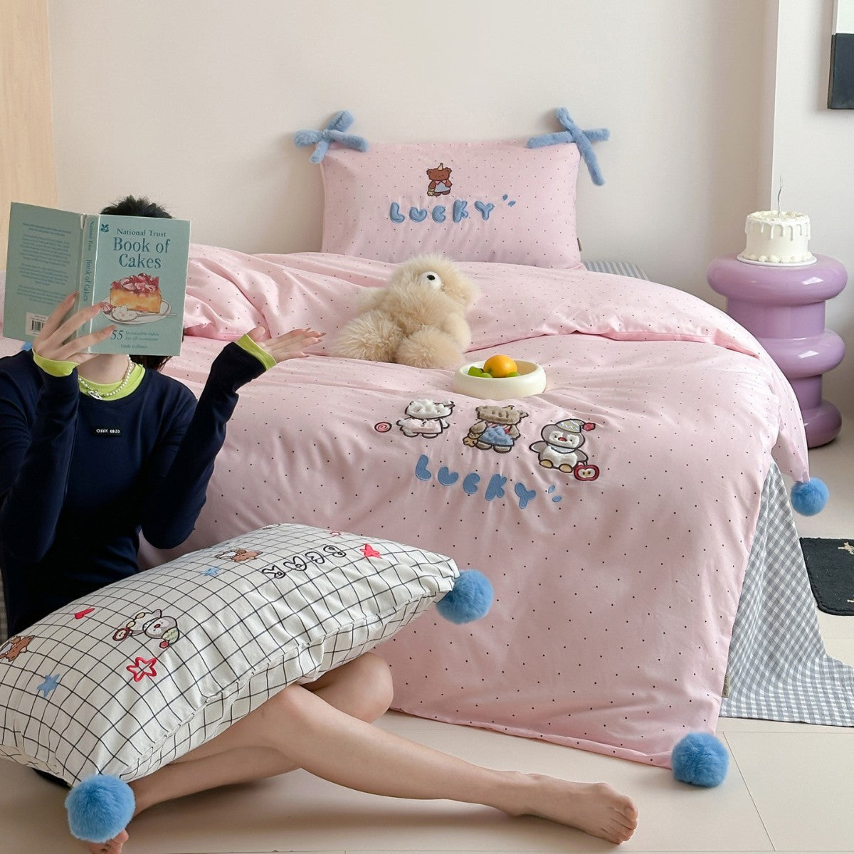 Plüsch Bestickter Bären Bettdeckenbezug Set mit Pom-Pom Ecken