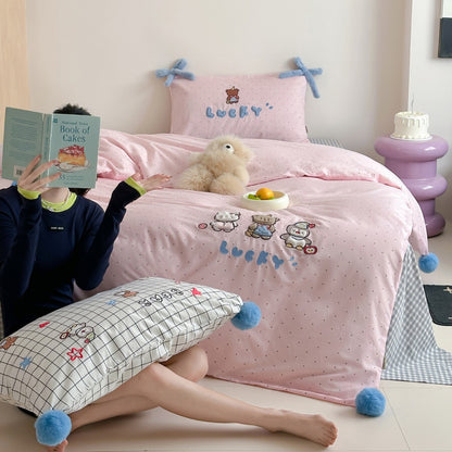 Plüsch Bestickter Bären Bettdeckenbezug Set mit Pom-Pom Ecken