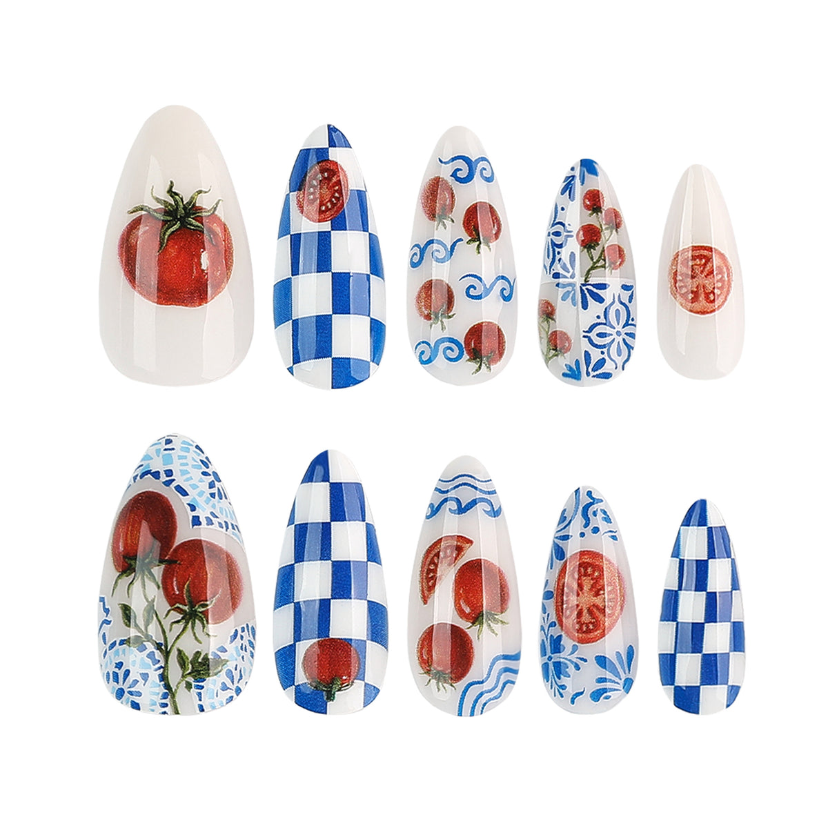 Kunstvolle Stiletto-Nägel mit fröhlichem Tomaten-Design Brehn