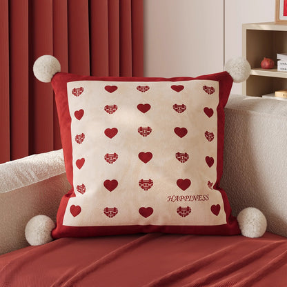Decorative Square Throw Pillow Cover with Pom-Pom Corners and Cartoon Dog Illustration