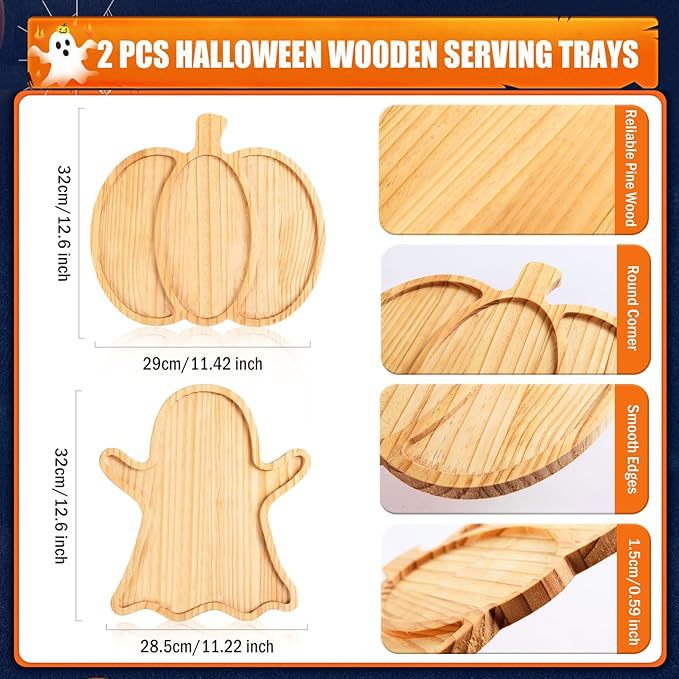 Halloween-Servierplatten aus Holz im Set mit Kürbis- und Geistform