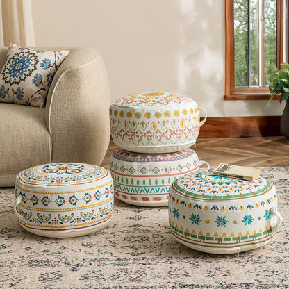 Rundes Sitzpouf mit gewebtem Baumwollbezug und ethnischem Mandala-Print Brehn