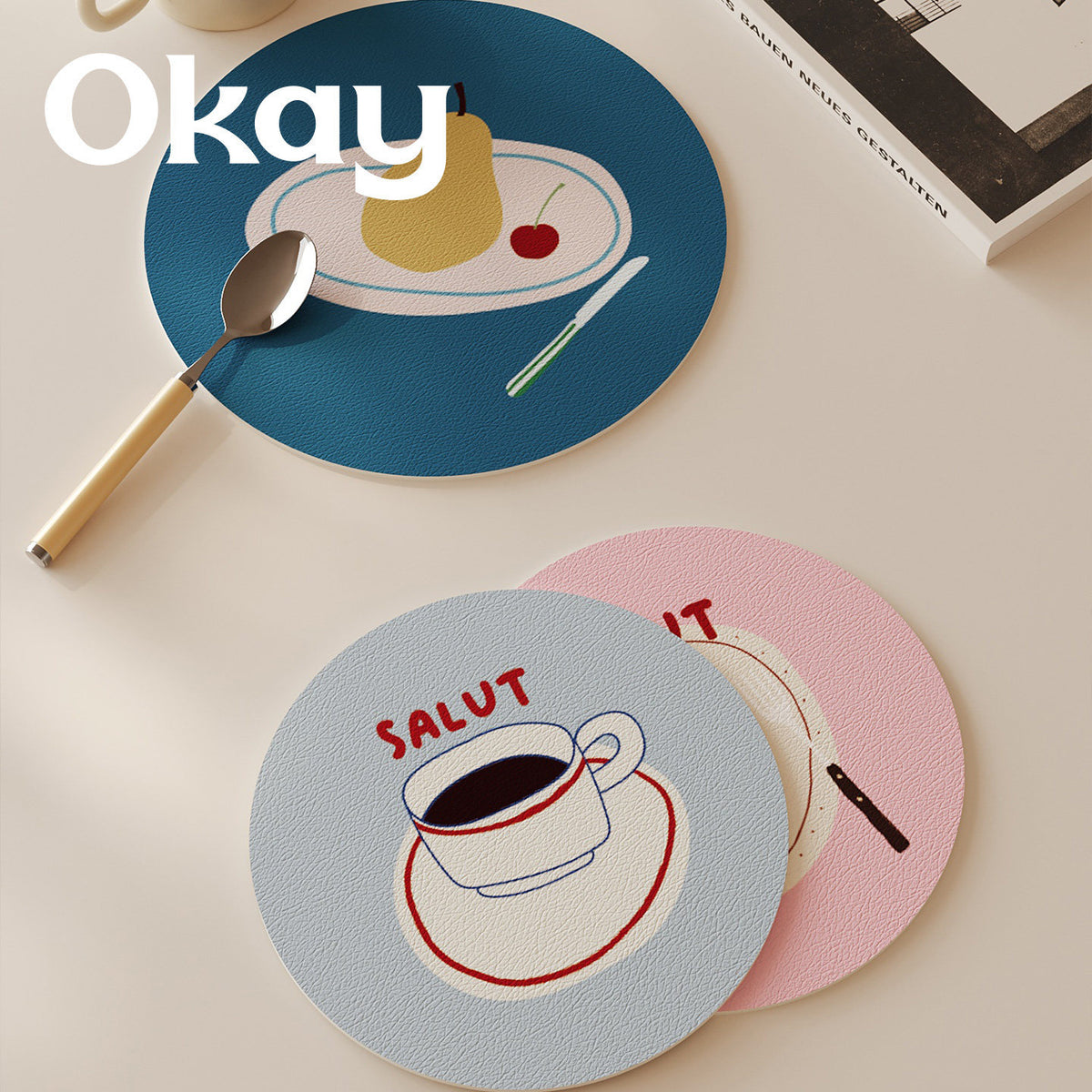 Round Decorative Absorbent Cork Coaster Set with Metal Stand and Fruit Plate Illustration