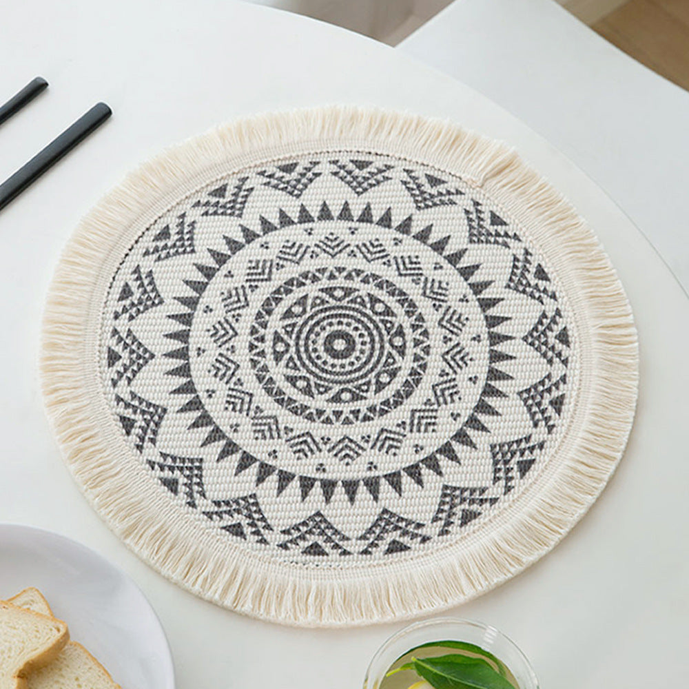 Rundes gewebtes Tischset mit Fransen und Mandala-Jacquardstruktur Brehn