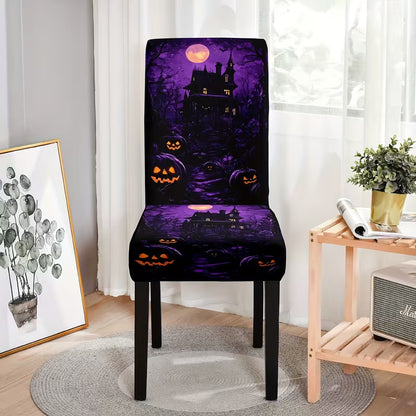 Elastische Stuhlhusse mit Halloween-Schloss und Hexenmotiv, dehnbarer Stuhlbezug für Rückenlehne und Sitz