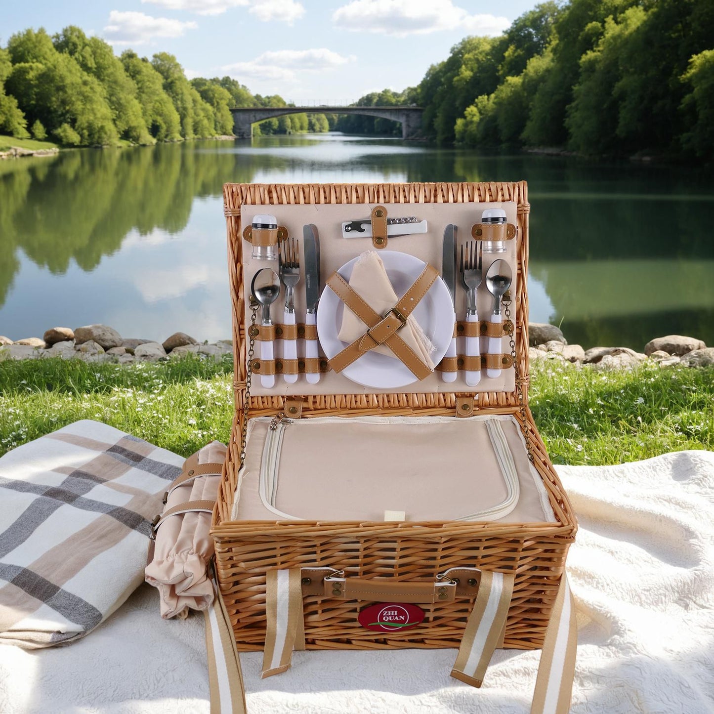 Damen Picknickkorb mit integriertem Geschirrset und stilvollem Leder-Detail Brehn