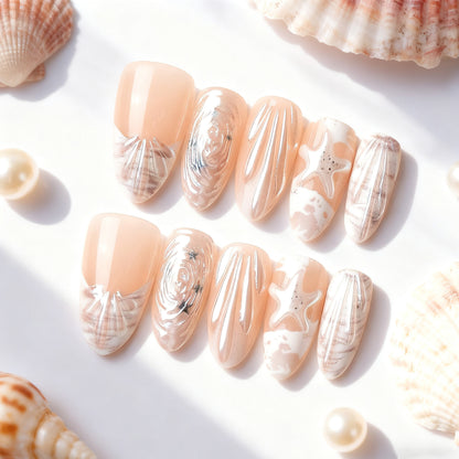 Künstlerisches von Muscheln inspiriertes Press-On-Nagelkunst-Set Brehn