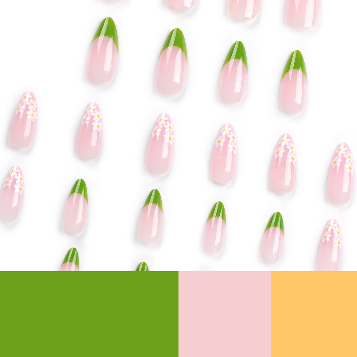 Kunstnägel mit floralen Akzenten und grünem French-Tip Brehn