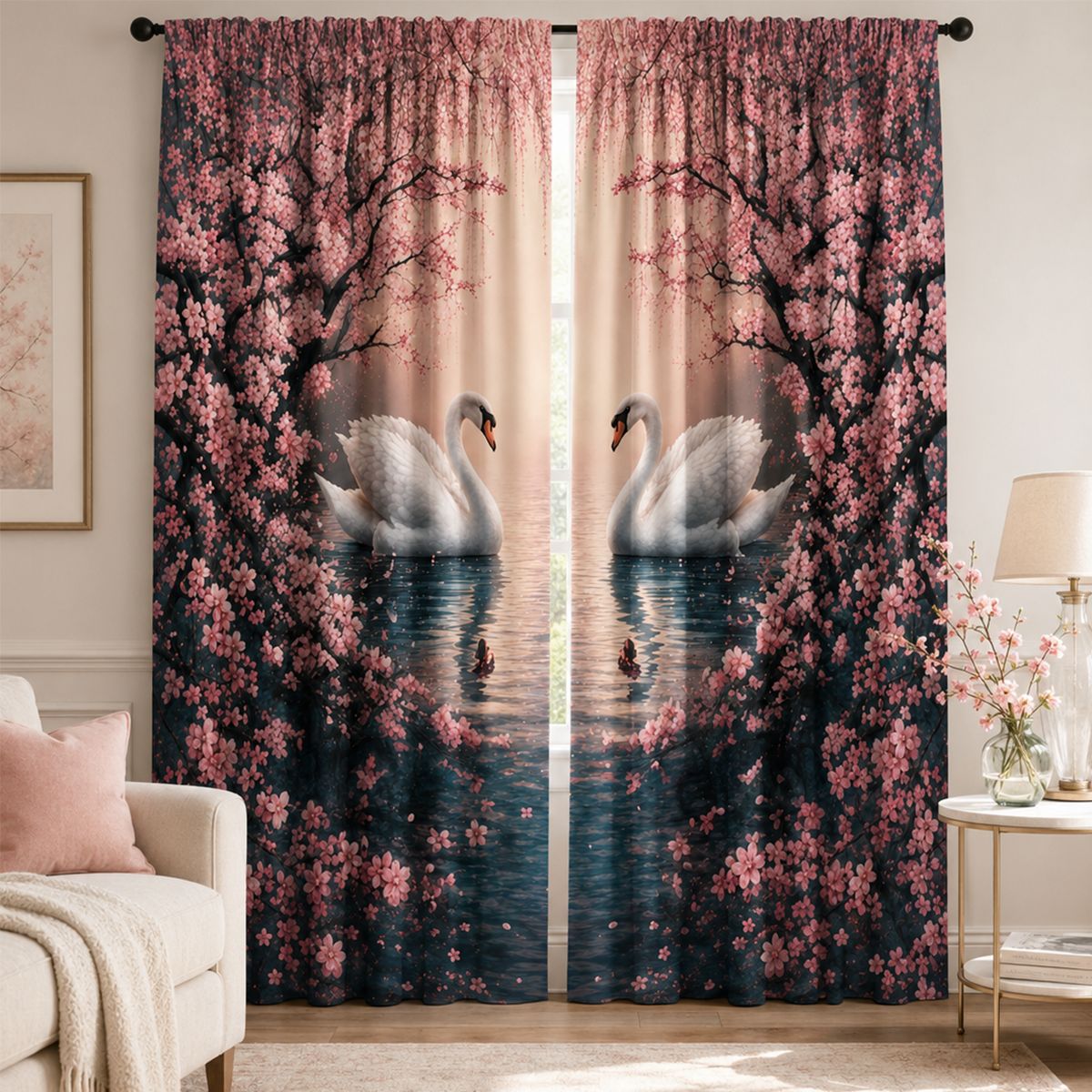 Künstlerische florale Schwanenprint-Fenstervorhänge