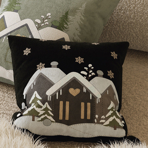 Winter Cottage Embroidered Plush Square Throw Pillow Cover with Hidden Zipper