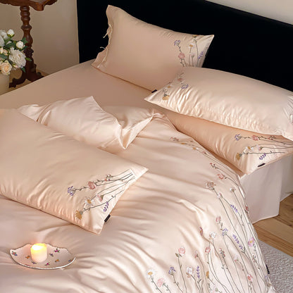 Seidiger bestickter floral Satin Bettbezug Set mit Schleifen-Kissenbezügen