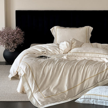 Luxuriöse Baumwollsatin-Bettwäschegarnitur mit Jacquard-Blütenmuster und bestickter Bordüre