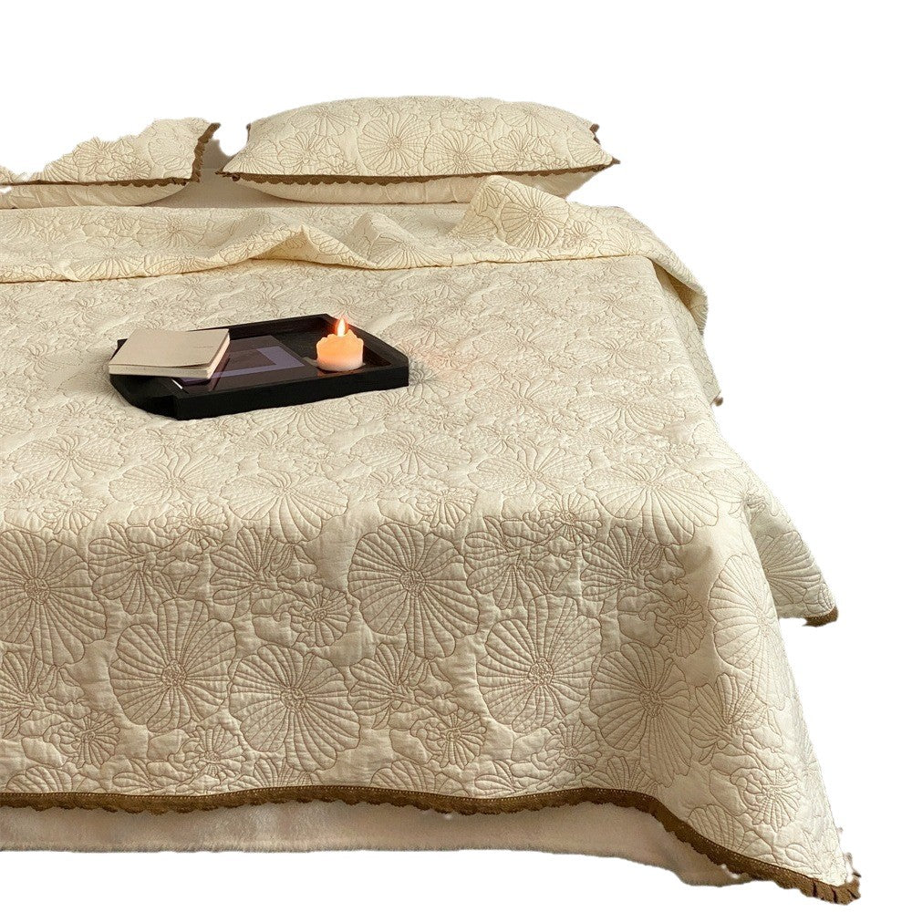 Bestickte Baumwoll-Quilt-Bettüberwurf-Set mit gewelltem Saum