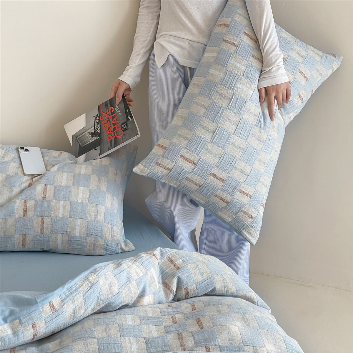 Bettbezug-Set aus Baumwoll-Perkal mit gewebtem Schachbrett-Effekt und Wende-Design