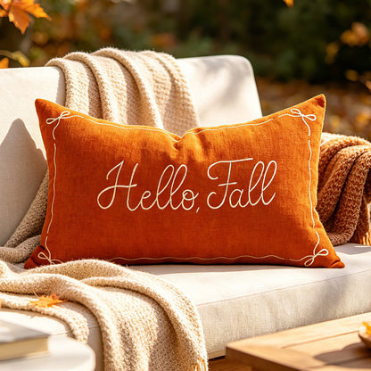Bestickte Hello Fall Leinen-Optik Lendenkissenbezug
