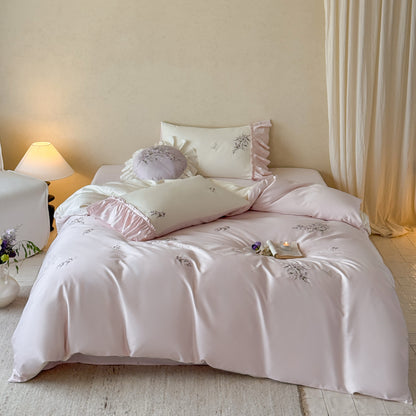Luxuriöses Satin-Bettwäsche-Set mit Rüschen und zarter Blumenstickerei Brehn