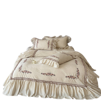 Vintage-inspirierte floral gestickte Rüsch-Linen-Bettbezug-Ensemble
