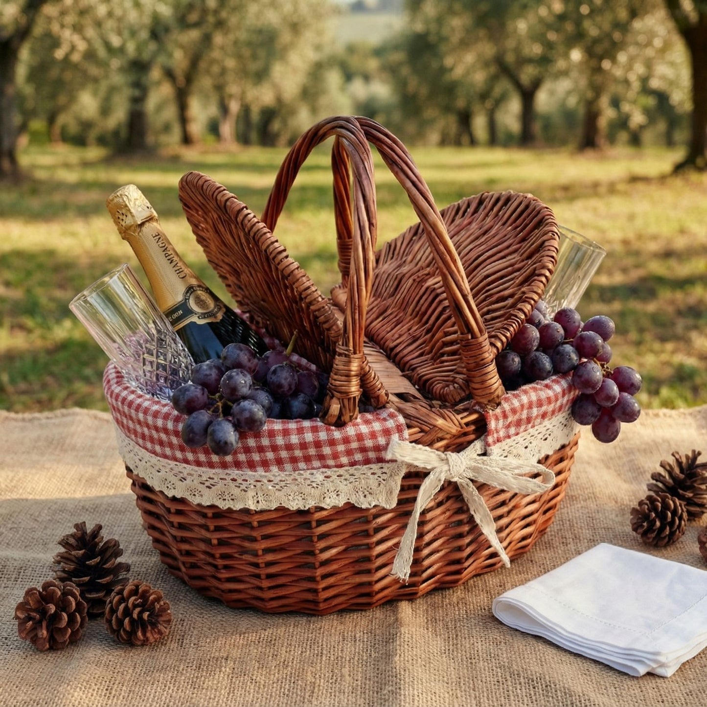 Damen geflochtener Picknickkorb mit romantischem Gingham-Futter Brehn