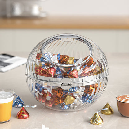 Kugelförmiger Kaffeekapselspender aus klarem Acryl mit Klappdeckel