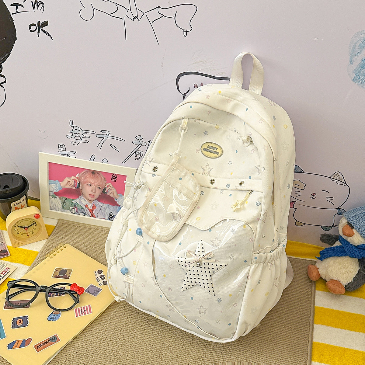 Stylische Multi-Taschen Stern-Applikation Rucksack Brehn