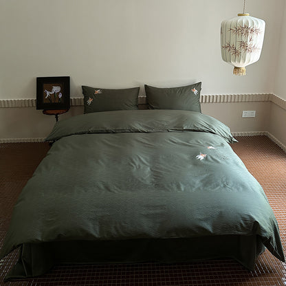 Premium-Bettbezug-Garnitur aus Baumwollsatin mit gewebtem Wellenjacquard und Koi-Stickerei