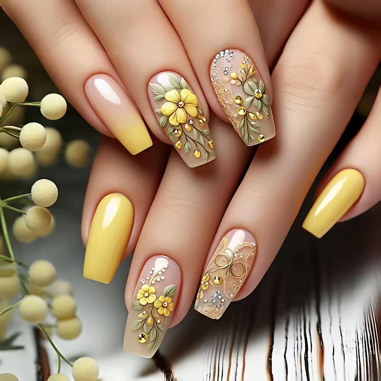 Kunstnägel mit Floralen Verzierungen und Glitzer Brehn
